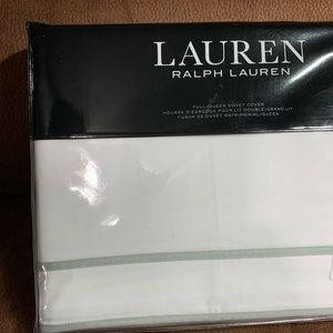 Ralph Lauren Spencer Border Sateen Full / Queen Duvet Cover white sage green